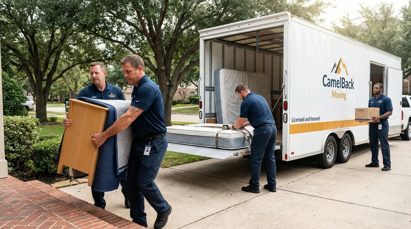 Crew loading residential truck for cross-state move from Bloomfield, IA