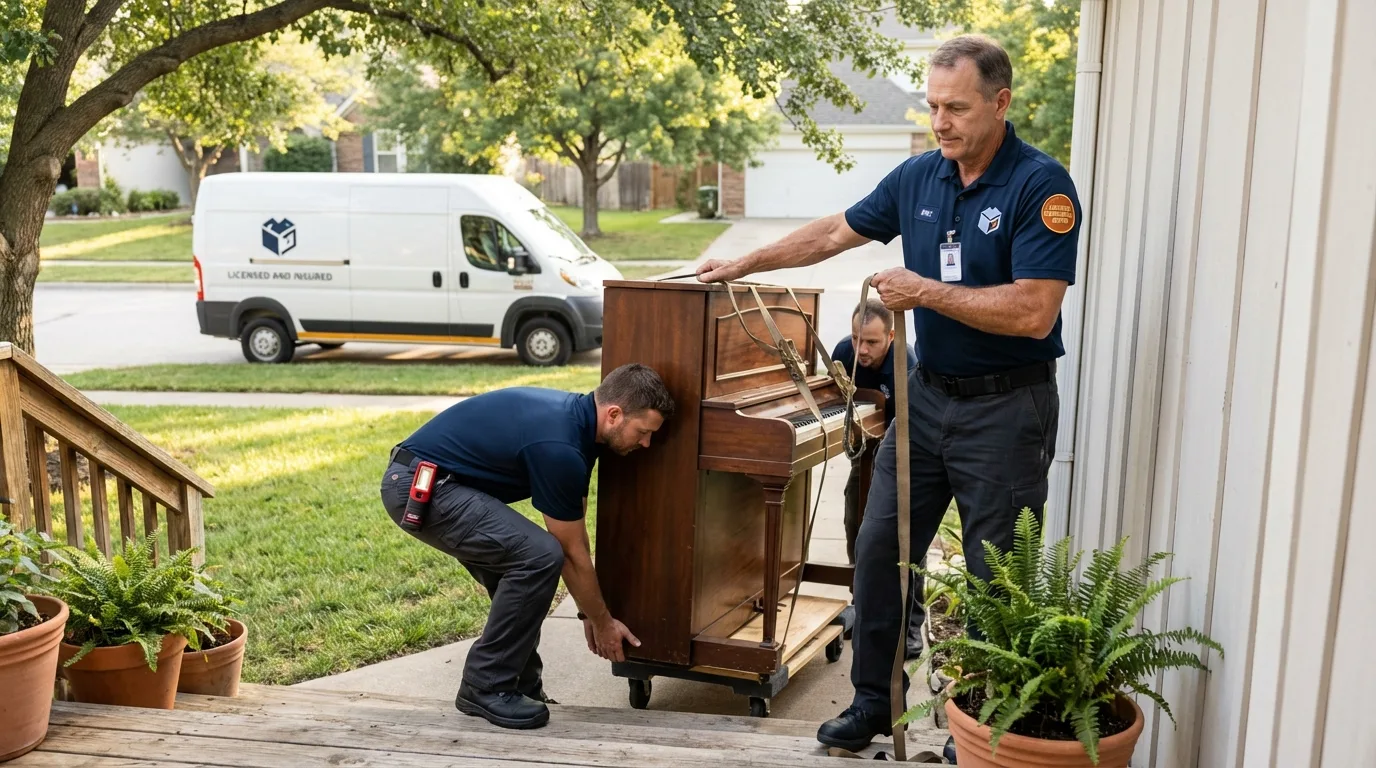 Licensed piano movers securing grand piano in Bloomfield, IA