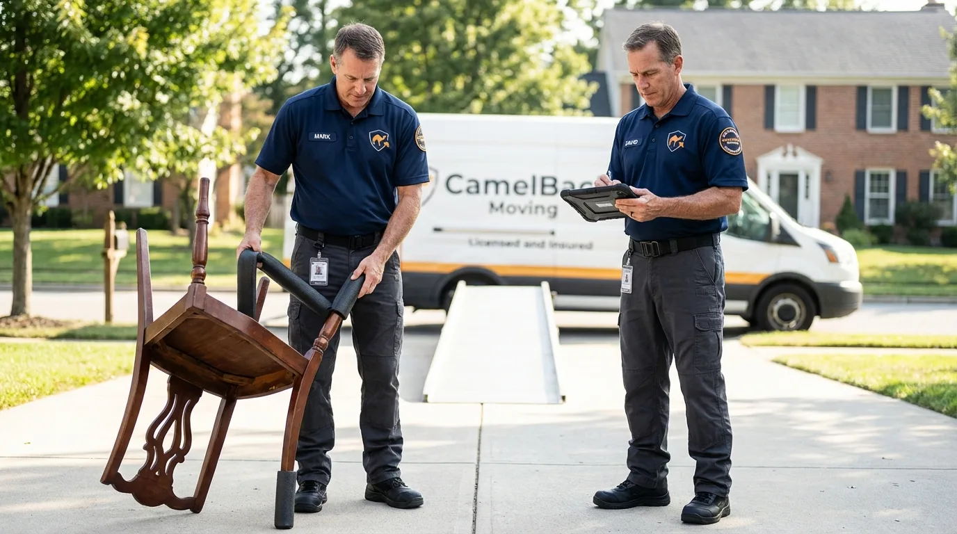 Movers inspecting furniture for damage prevention before loading in Bloomfield, IA