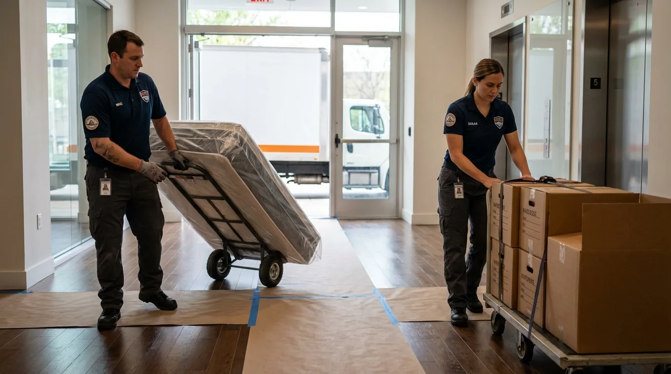 Professional apartment movers loading elevator in Bloomfield, IA